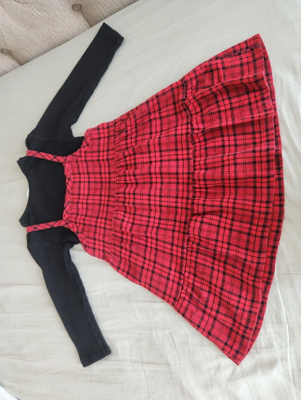 Zara Red and Black Plaid Pinafore Dress with Black Long-Sleeve Top